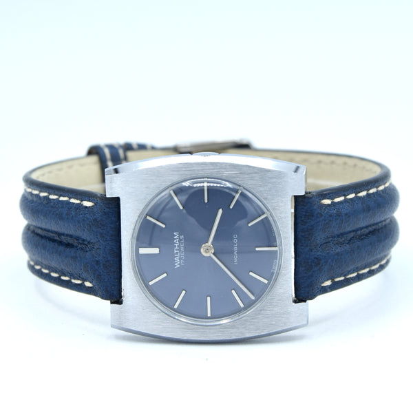 1970s Waltham steel manual-wind retro sleek dress watch with blue dial on blue strap