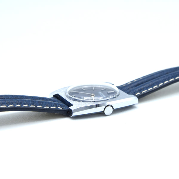 1970s Waltham steel manual-wind retro sleek dress watch with blue dial on blue strap