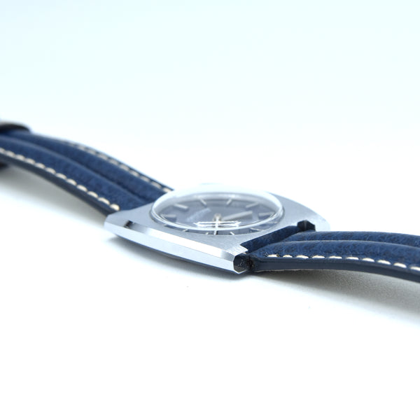 1970s Waltham steel manual-wind retro sleek dress watch with blue dial on blue strap
