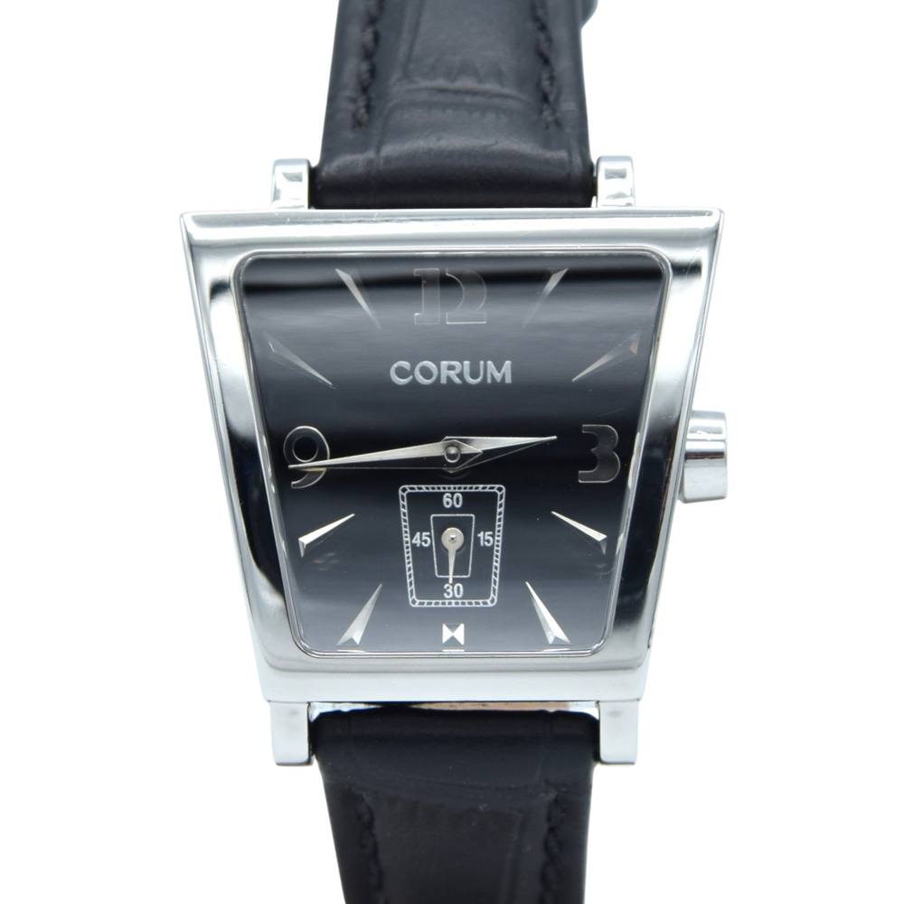 Corum Trapeze ladies ref. 105.404.20 stainless steel quartz watch, black dial with original buckle