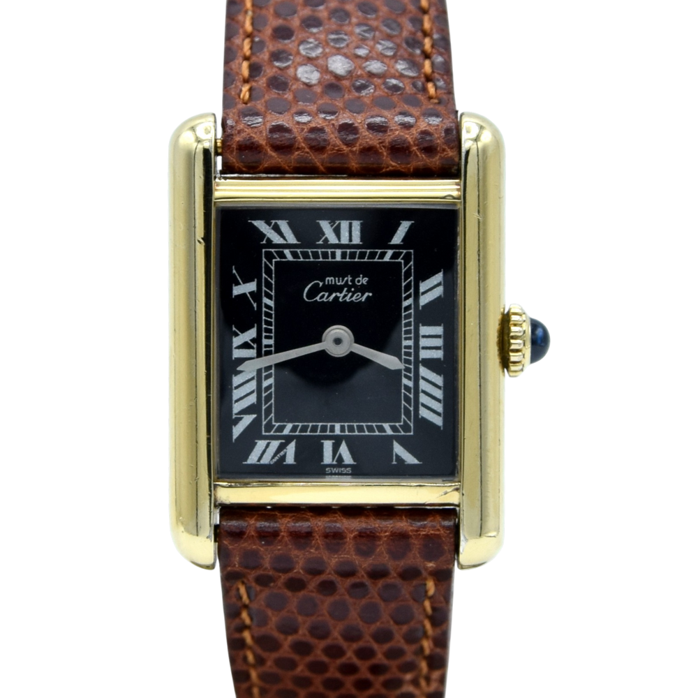 1970s Cartier Tank ladies 925 Sterling Silver Gilt Mechanical Manual Wind with rare black Roman Dial