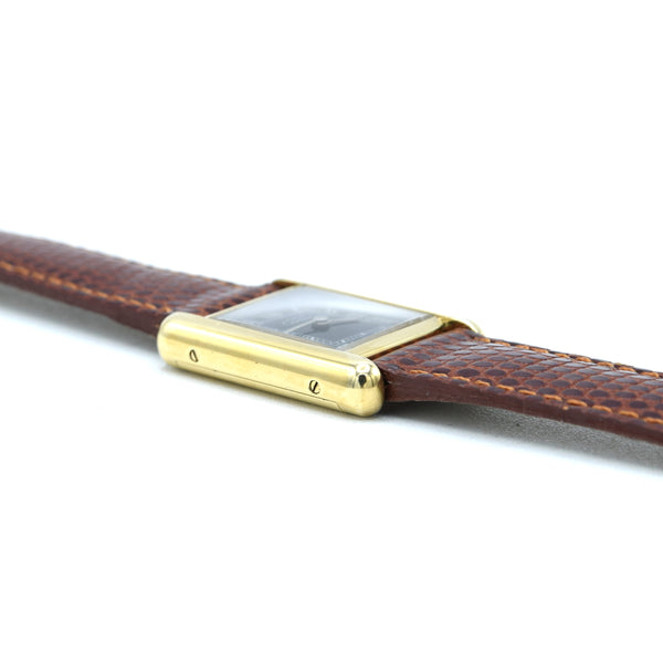 1970s Cartier Tank ladies 925 Sterling Silver Gilt Mechanical Manual Wind with rare black Roman Dial