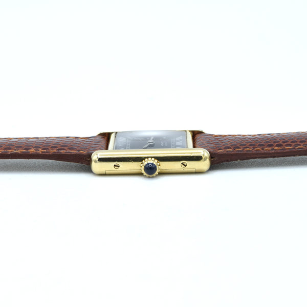 1970s Cartier Tank ladies 925 Sterling Silver Gilt Mechanical Manual Wind with rare black Roman Dial