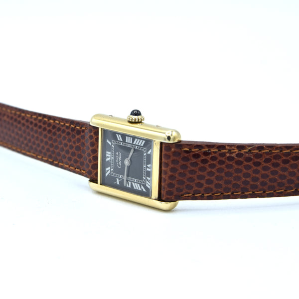 1970s Cartier Tank ladies 925 Sterling Silver Gilt Mechanical Manual Wind with rare black Roman Dial