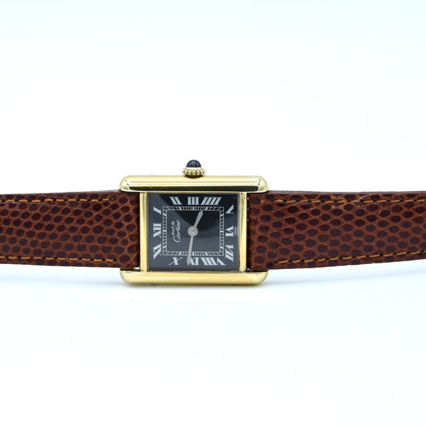 1970s Cartier Tank ladies 925 Sterling Silver Gilt Mechanical Manual Wind with rare black Roman Dial