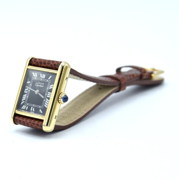 1970s Cartier Tank ladies 925 Sterling Silver Gilt Mechanical Manual Wind with rare black Roman Dial