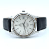 Omega Seamaster 2000 cosmic watch with a silver stainless steel case, white dial, and black textured leather strap, shown on a white background.