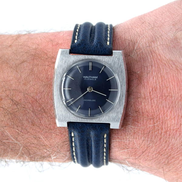 1970s Waltham steel manual-wind retro sleek dress watch with blue dial on blue strap