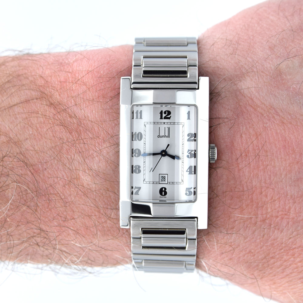 1990s Alfred Dunhill 'Facet' swiss quartz Date Wristwatch with White Roman Dial on Bracelet + Box