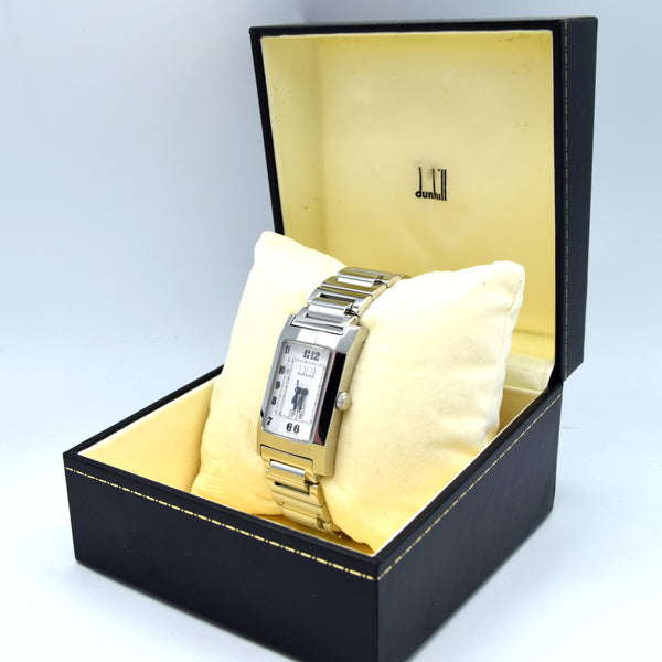 1990s Alfred Dunhill 'Facet' swiss quartz Date Wristwatch with White Roman Dial on Bracelet + Box