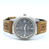 Omega Seamaster 200M watch with a silver stainless steel case, dark gray dial, and a brown leather strap with light tan stitching, shown on a white background.
