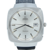 Omega Automatic Geneve watch with a square silver-toned case, white dial, black hands and hour markers, and a dark gray leather strap, shown against a plain white background.