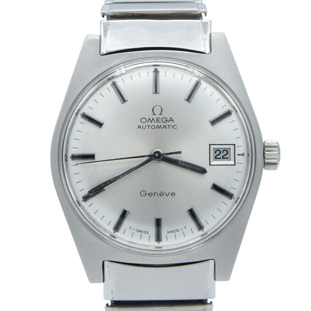 1969 Omega Rare Geneve Automatic Model 166.041 Silver sunburst dial on cool original Fixo - Flex bracelet Cal 565