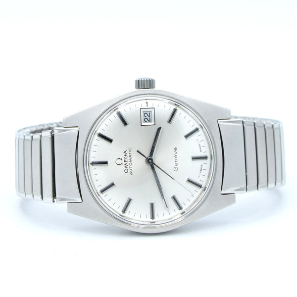 1969 Omega Rare Geneve Automatic Model 166.041 Silver sunburst dial on cool original Fixo - Flex bracelet Cal 565