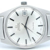 An Omega Automatic wristwatch with a silver stainless steel case and integrated bracelet, featuring a white dial with black stick indices and a date window at the 3 o'clock position.
