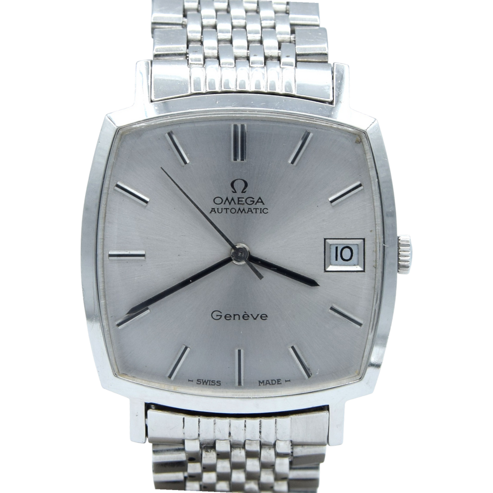 1973 Omega Genève “TV case” ref. 162.0052 steel automatic on Bracelet – silver sunburst dial – original plexi & crown