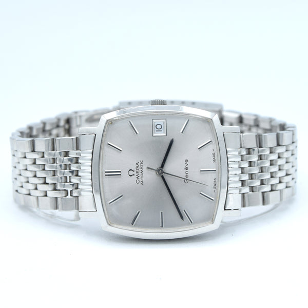 (RESERVED)1973 Omega Genève “TV case” ref. 162.0052 steel automatic on Bracelet – silver sunburst dial – original plexi & crown