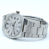 A stainless steel wristwatch with a silver-toned metal bracelet and a white dial, photographed on a clean white background.