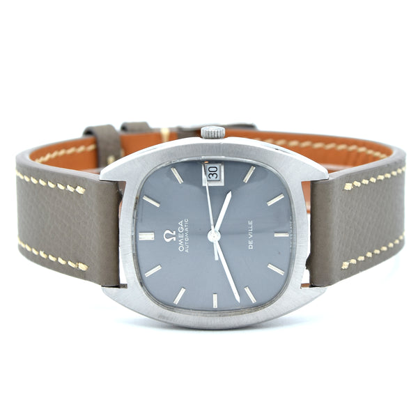 1969 Omega De Ville Automatic Date 162.045 stainless steel cushion case – stunning slate blue / grey dial – Cal 1002