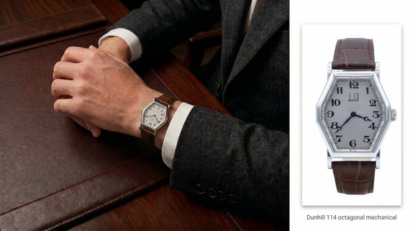 1990s Alfred Dunhill 114 'Octagonal' swiss Mechanical Wristwatch with silvered Dial on leather + Buckle