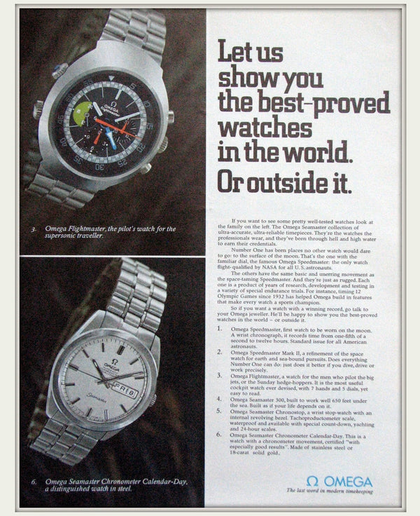 Advertisement for Omega watches featuring two wristwatches with text about the best-proved watches.