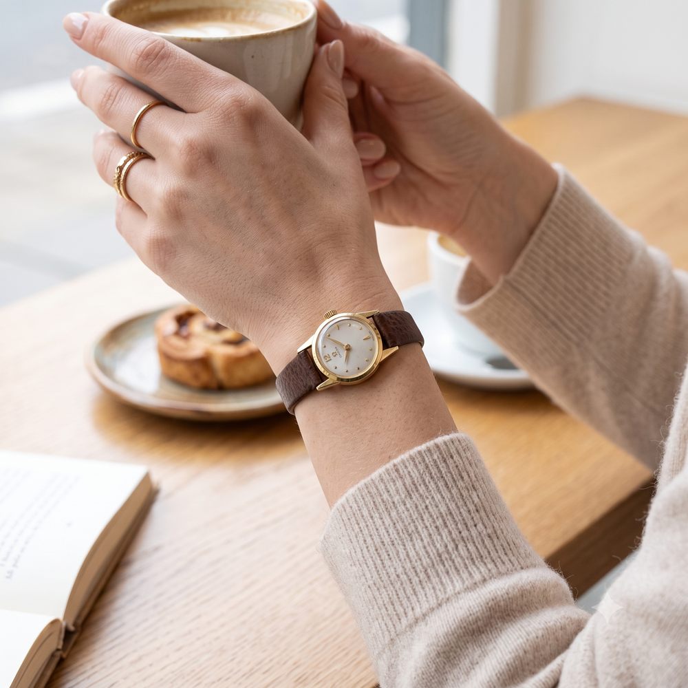 A person wearing a wristwatch with a brown leather strap and gold-tone case, holding a cup of coffee at a wooden table.