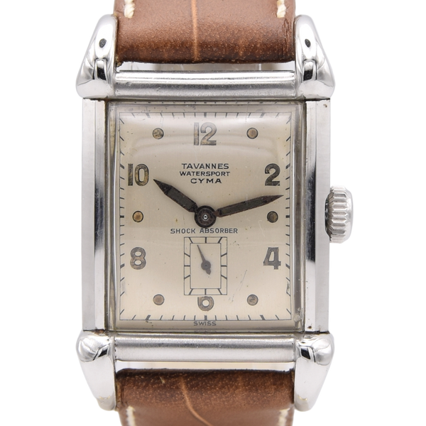 1940s Cyma - Tavannes Rectangular Early Waterproof Patent Wristwatch with fabulous claw lugs
