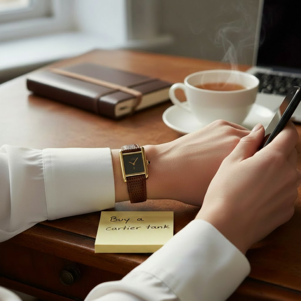 Cartier Ladies classic 1980s Vintage Tank Mechanical Manual Wind watch with Black Onyx- spider web lacquer