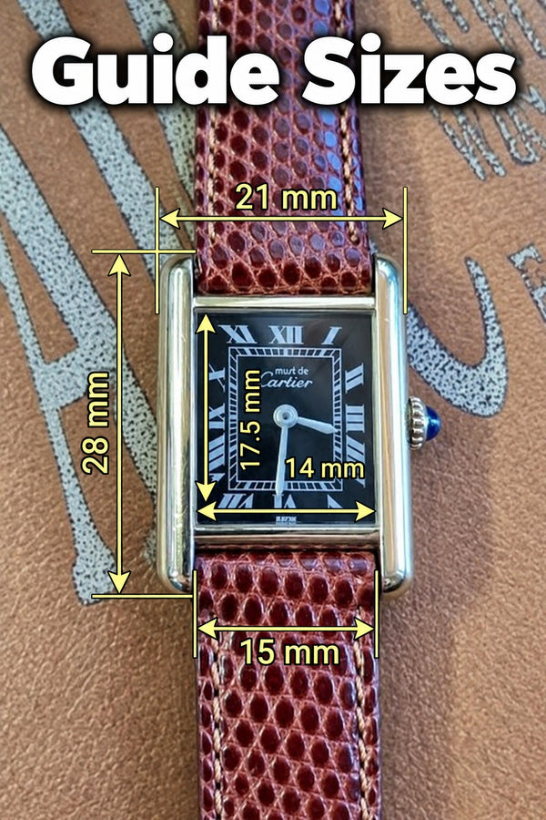 A wristwatch with a brown textured leather strap and a silver-toned rectangular case, shown with overlaid dimension lines and text indicating strap measurements (21 mm, 28 mm, 16 mm, 14 mm) and case width.