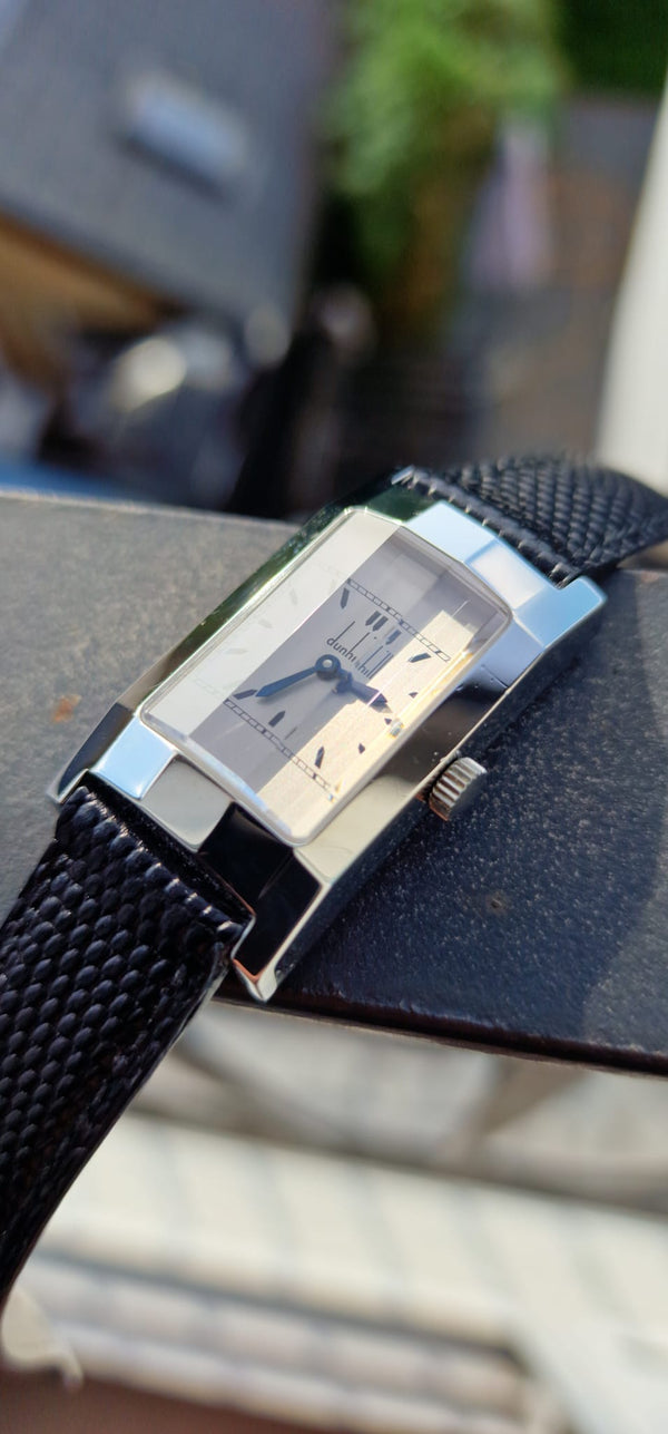 1990s Alfred Dunhill 'Facet' swiss Mechanical Wristwatch with silvered Dial on leather + Buckle & Box