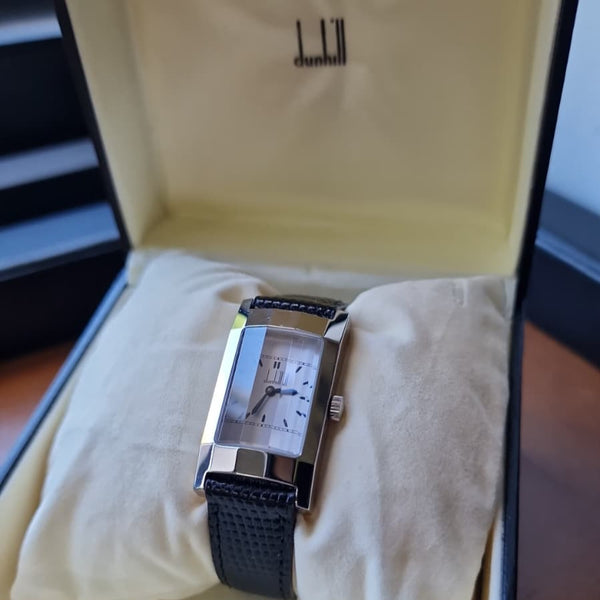 1990s Alfred Dunhill 'Facet' swiss Mechanical Wristwatch with silvered Dial on leather + Buckle & Box