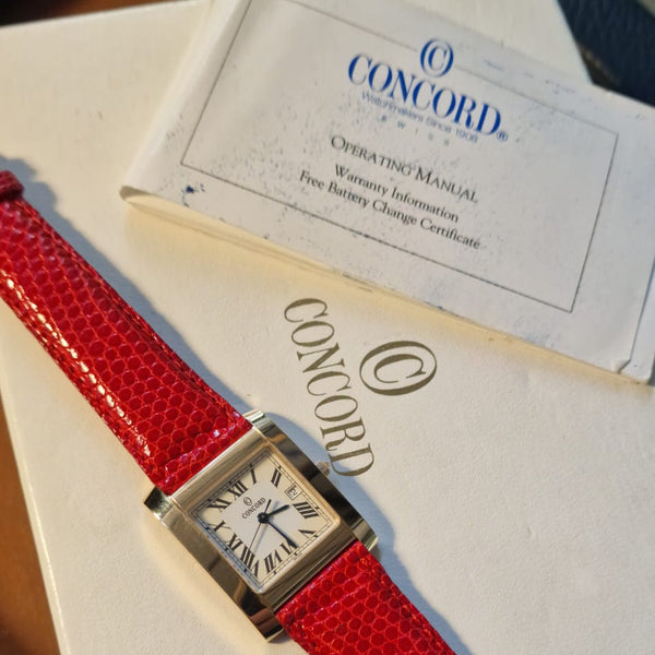 1990s Concord Tank Style Solid 14k Gold Swiss unisex Wristwatch – Unused Condition – Cartier Inspired Dress Watch