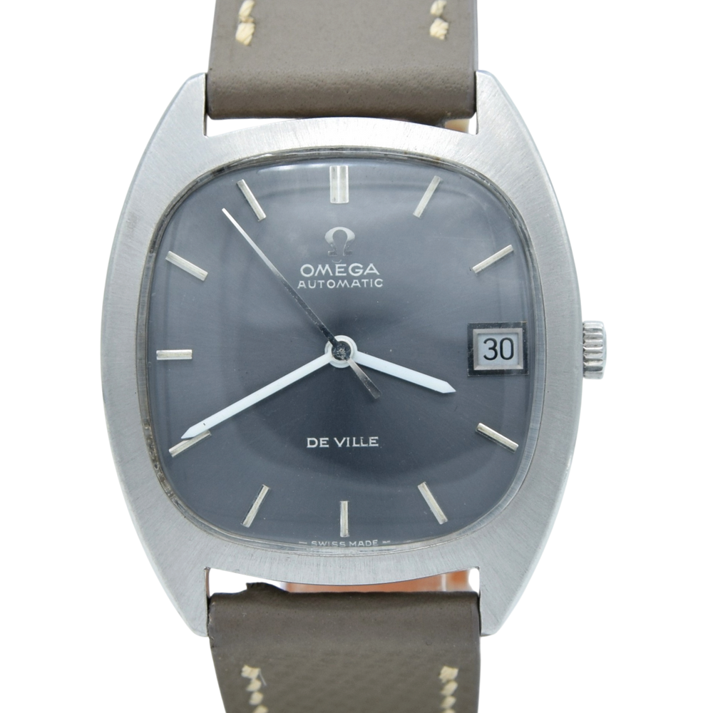 1969 Omega De Ville Automatic Date 162.045 stainless steel cushion case – stunning slate blue / grey dial – Cal 1002