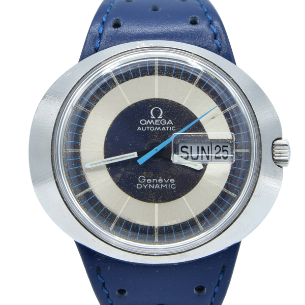1973 Omega Geneve Dynamic Automatic Day Date with Two Tone Silver and Blue Bullseye Dial Model 166.079