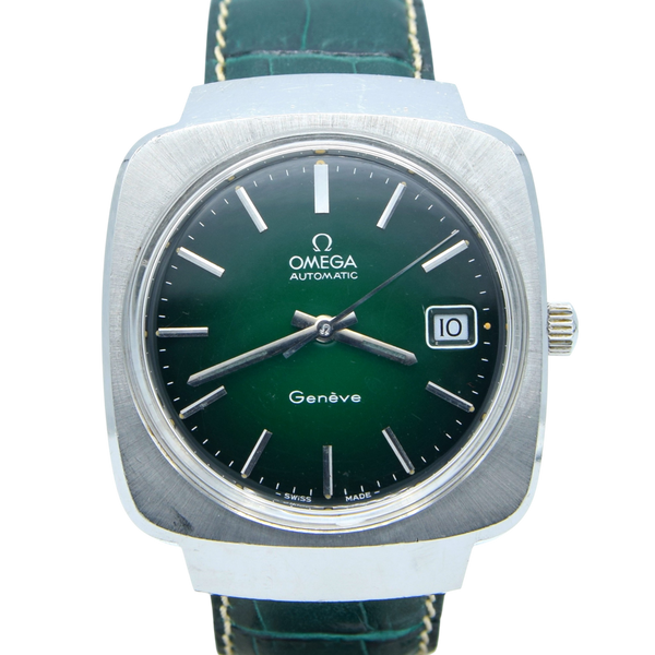 1973 Omega Genève Automatic Large Hooded Model 166.0164 with rare emerald green Dial 