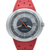 Omega Automatic Geneva Dynamic wristwatch with a red perforated leather strap, a brushed silver stainless steel case, and a gray dial with orange accents.