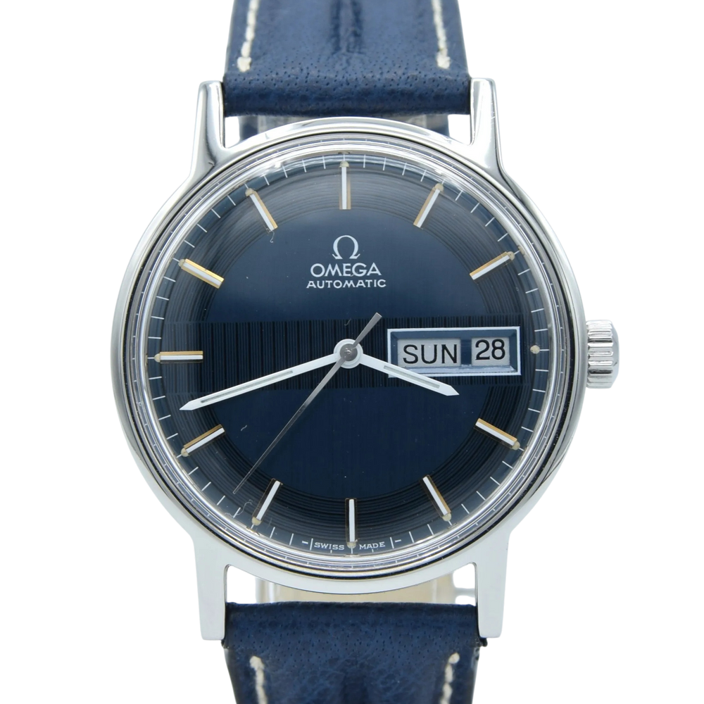 1972 Omega Rare navy Blue 'Barcode Dial' Automatic Day/Date in Stainless Steel Model 166.0117