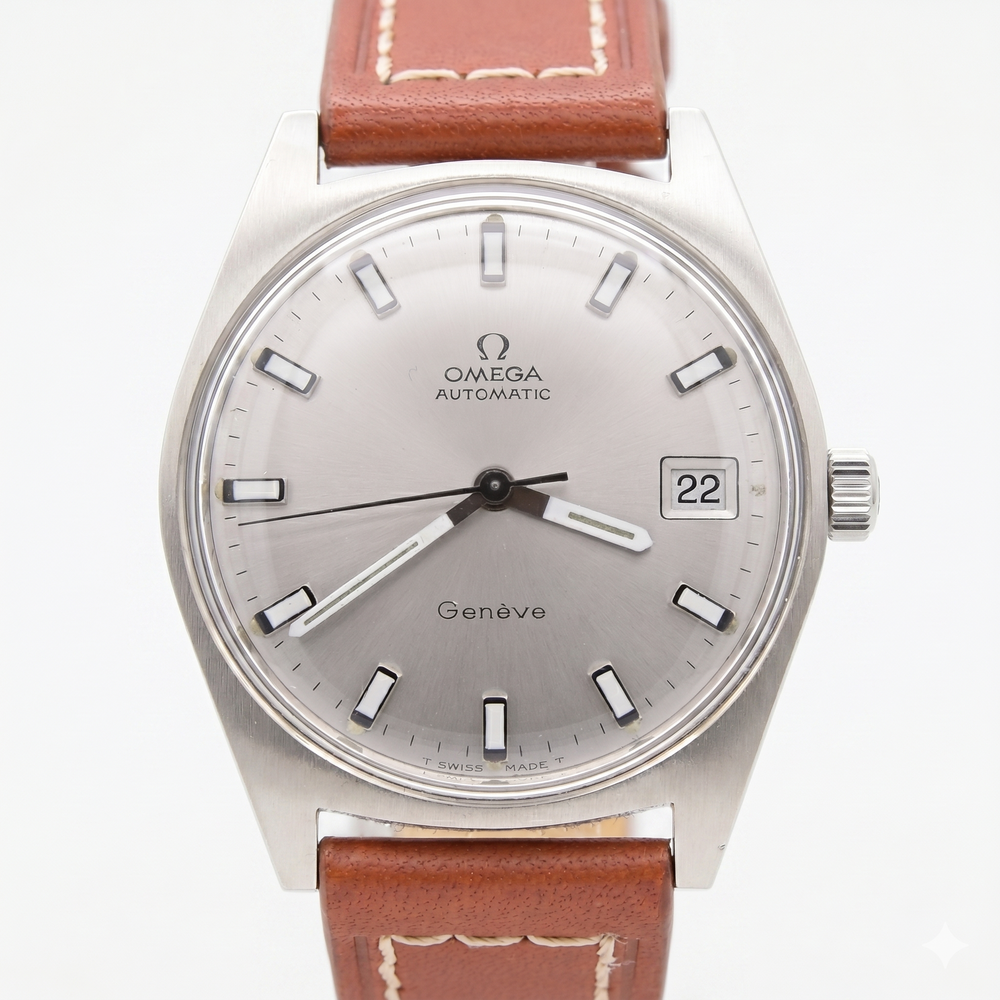 1969 sharp Omega Geneve Automatic Date Model 166.041 Rare sports dial Variant in Stainless Steel with Cal 565