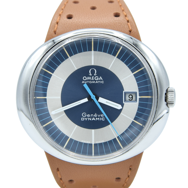 1973 Omega Geneve Dynamic Automatic Day Date with Two Tone Silver and Blue Bullseye Dial Model 166.107