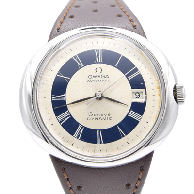 1973 Omega Geneve Dynamic Automatic Date with Two Tone white and Blue Tuxedo Roman Dial Model 166.107