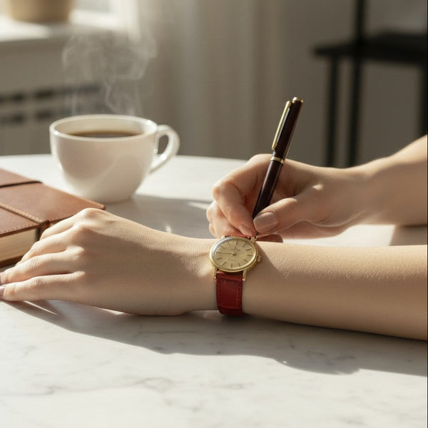 Person wearing a watch with a cup of coffee and books on a table
