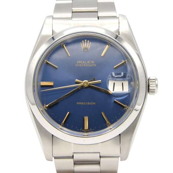 1981 Rolex Oyster Date Precision Classic Model 6694 with Stunning Blue satin Dial and gold Markers in Stainless Steel