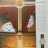 Vintage Cartier advertisement for the Vendome Watch, featuring an ornate clock face, red curtains, gold-toned decorative panels, and a wristwatch shown in the lower right corner on a light background.