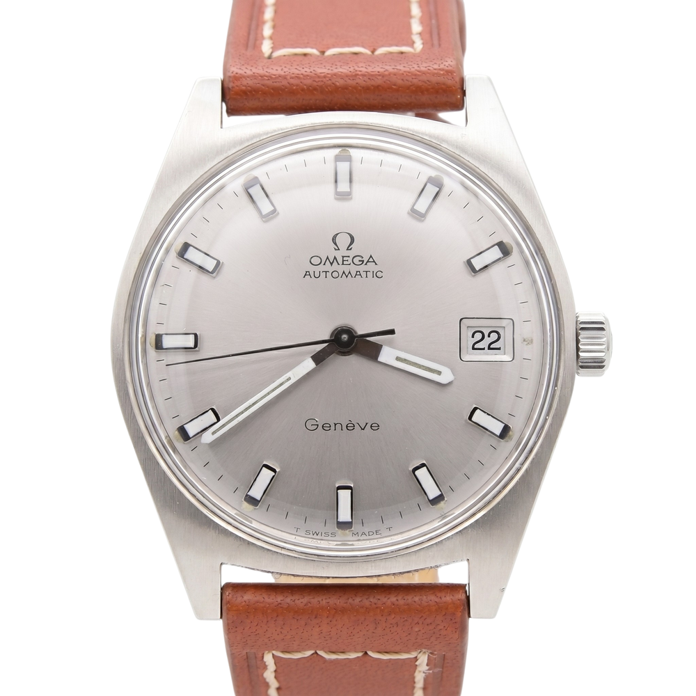 1969 sharp Omega Geneve Automatic Date Model 166.041 Rare sports dial Variant in Stainless Steel with Cal 565