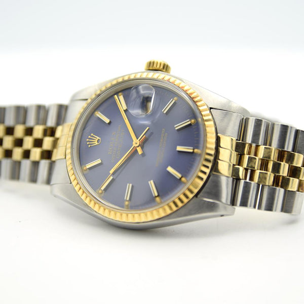 1979 Stunning Rolex Gold & Steel Oyster Perpetual Datejust with Fluted Gold Bezel Blue Dial  Model 16013 + Box, Book & Swing Tags