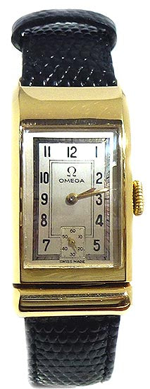 Rare Omega Deco Rectangular Shape Drivers Watch with Arabic Numerals and Hooded Lugs in 9ct Gold 1938