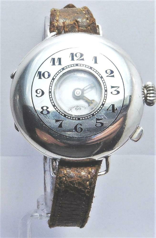 Half Hunter Trench Style Wristwatch in Silver with Original Strap and Buckle Circa 1920s