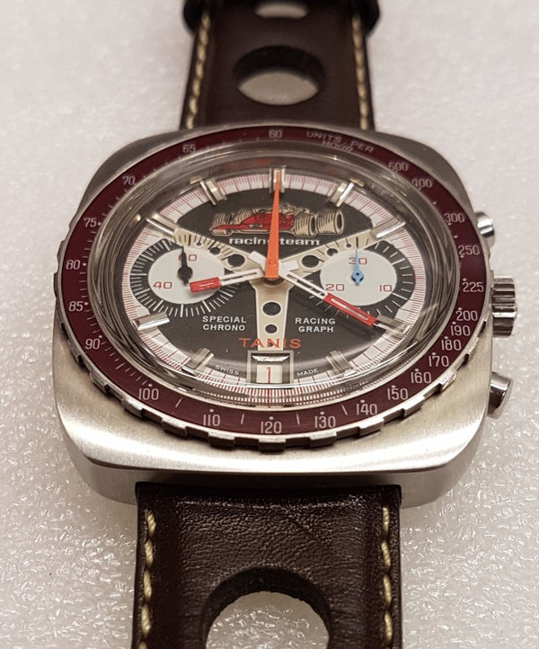 1970s Tanis NOS Special Racing Team Chronograph Date with Bakelite Bezel Valjoux Cal 7734