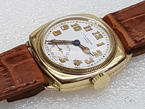 JW Benson Submarine Watch with Enamel Dial and Arabic Numerals in 18ct Gold Cushion Case Circa 1930s