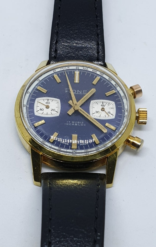 1970s Rone Valjoux Chronograph with Blue Dial in Gold Plate